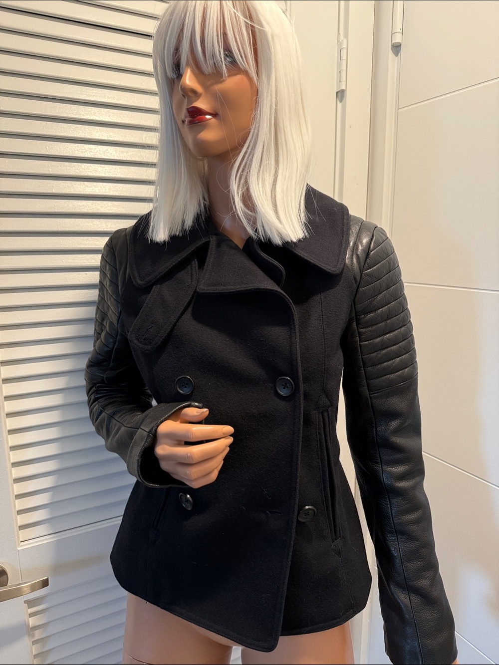 A.L.C. Women’s navy size 6 Wool-Blend Peacoat with Quilted Faux-Leather Sleeves